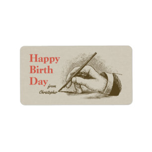 Birthday Mannelijke hand met een fontein pen Retro Etiket