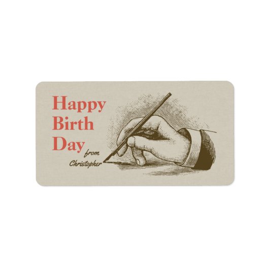Birthday Mannelijke hand met een fontein pen Retro Etiket (Voorkant)