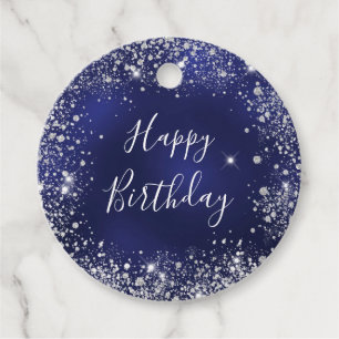 Birthday marinblauw zilverglitter monogram bedankjes labels