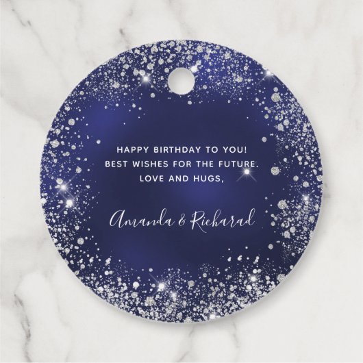 Birthday marinblauw zilverglitter monogram bedankjes labels (Achterkant)