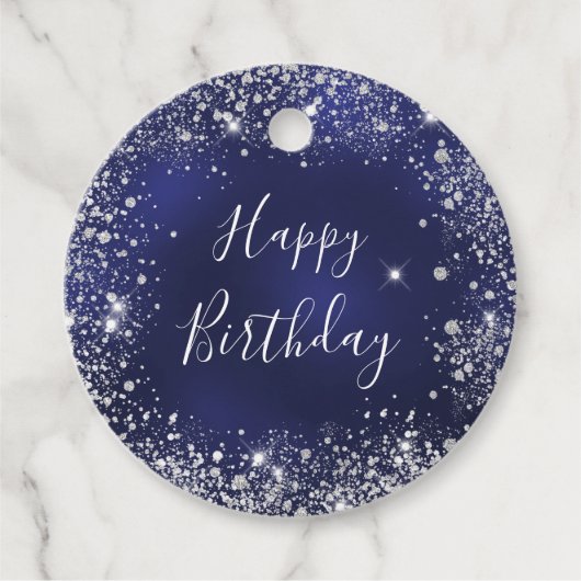Birthday marinblauw zilverglitter monogram bedankjes labels (Voorkant)