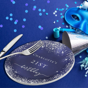 Birthday marinblauw zilverglitter monogram papieren bordje