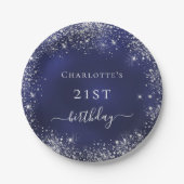 Birthday marinblauw zilverglitter monogram papieren bordje (Voorkant)