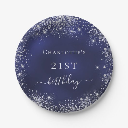 Birthday marinblauw zilverglitter monogram papieren bordje (Voorkant)