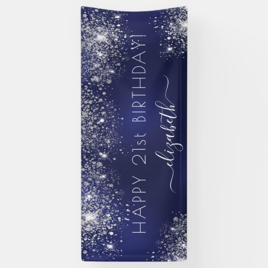 Birthday marinblauw zilverglitter monogram spandoek (Verticaal)