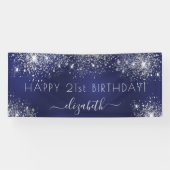 Birthday marinblauw zilverglitter monogram spandoek (Horizontaal)