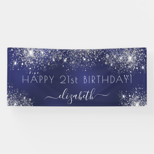 Birthday marinblauw zilverglitter monogram spandoek (Horizontaal)