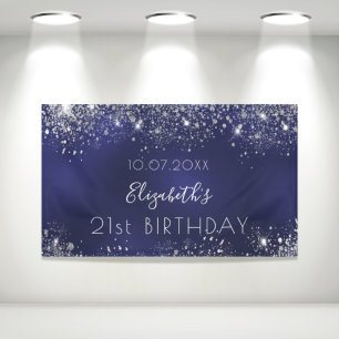 Birthday marinblauw zilverglitter monogram spandoek