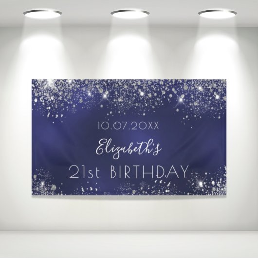 Birthday marinblauw zilverglitter monogram spandoek