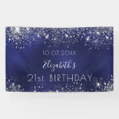 Birthday marinblauw zilverglitter monogram spandoek (Horizontaal)