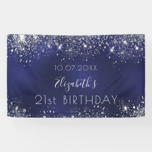 Birthday marinblauw zilverglitter monogram spandoek (Horizontaal)