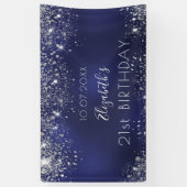 Birthday marinblauw zilverglitter monogram spandoek (Verticaal)
