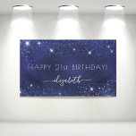 Birthday marineblauw glittermonogram spandoek<br><div class="desc">For a girly and glamorous 21st (or any age) birthday party. A navy blue background with elegant vals glitter dust. De blue color is uneven. Personalize and add a name and age 21. White Letters. The name is written with a modern hand lettered style script with swashes. To keep the...</div>