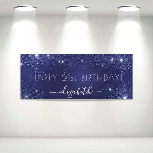 Birthday marineblauw glittermonogram spandoek