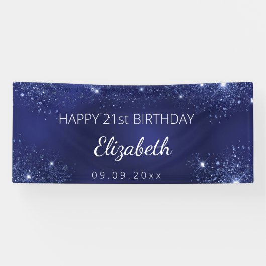 Birthday marineblauw glittermonogram spandoek (Horizontaal)