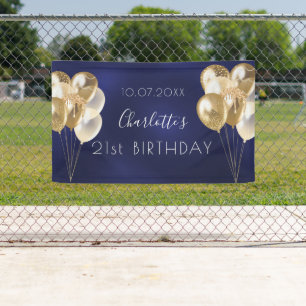 Birthday marineblauw goudballon spandoek