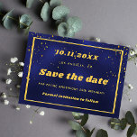 Birthday marineblauw goudconfetti save the date<br><div class="desc">A Sparen de Datum voor een 50e (of om het even welke leeftijd) verjaardagspartij. Een blauwe achtergrond voor de marine. Gedemoreerd met een gouden lijst en confetti. Voor hem en haar. Gele letters.</div>