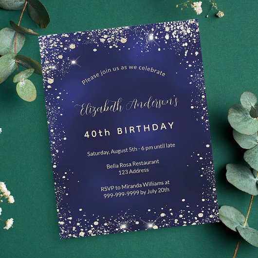 Birthday marineblauw goudglitter budget uitnodigin flyer