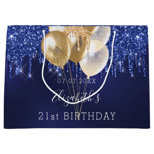 Birthday marineblauw goudglitter drijft ballonnen groot cadeauzakje (Voorkant)