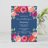 Birthday marineblauw roos goudbruin roze floraal kaart (Staand voorkant)