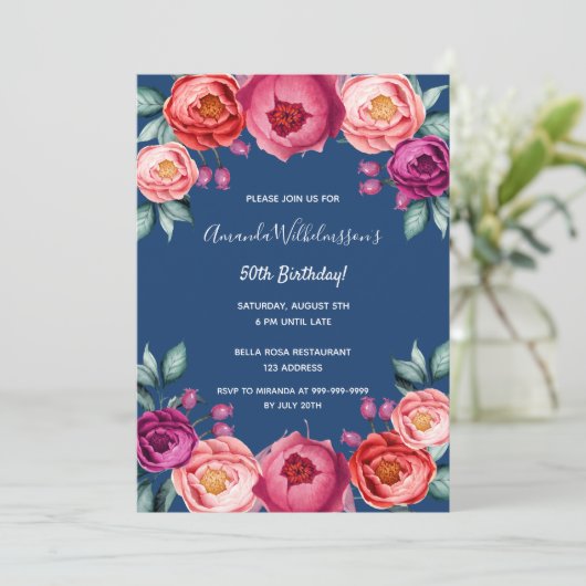 Birthday marineblauw roos goudbruin roze floraal kaart