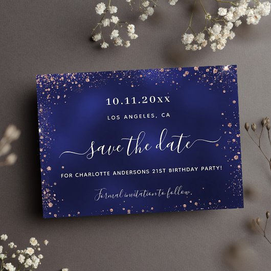 Birthday marineblauw roos goudglitter save the date