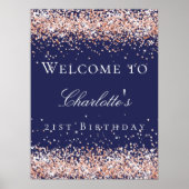 Birthday marineblauw roos goudglitter welkom poster (Voorkant)