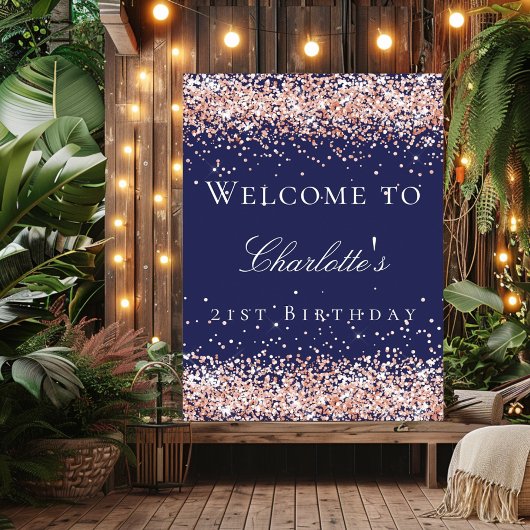 Birthday marineblauw roos goudglitter welkom poster