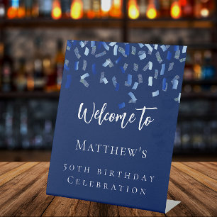 Birthday marineblauw welkom reclamebord met voetstuk