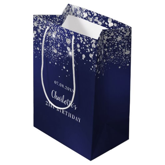 Birthday marineblauw wit glitter monogram medium cadeauzakje (Achterkant Gekanteld)