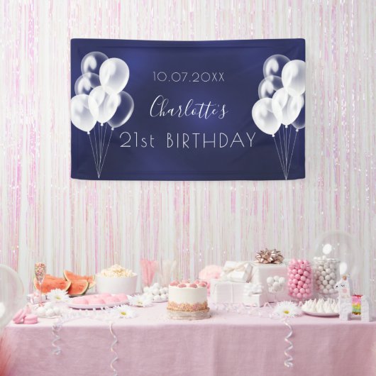 Birthday marineblauw-witte ballonvaarder spandoek (Feest)