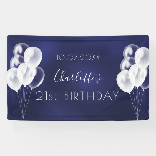 Birthday marineblauw-witte ballonvaarder spandoek (Horizontaal)