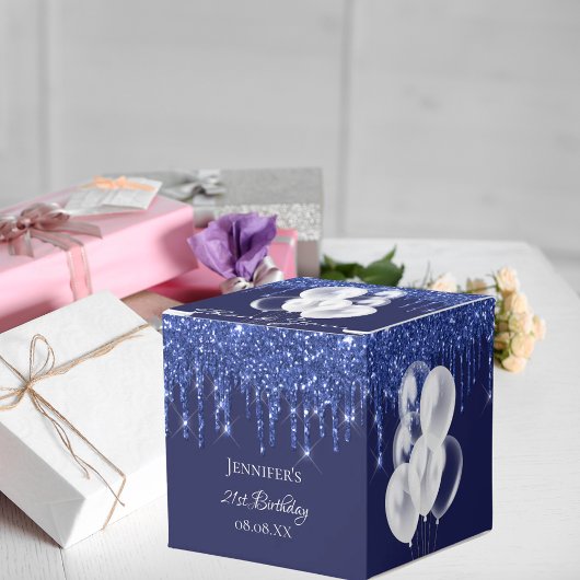 Birthday marineblauw witte glitterballonnen bedankdoosjes