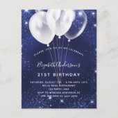 Birthday marineblauw witte glitterballonnen uitnodiging briefkaart (Voorkant)