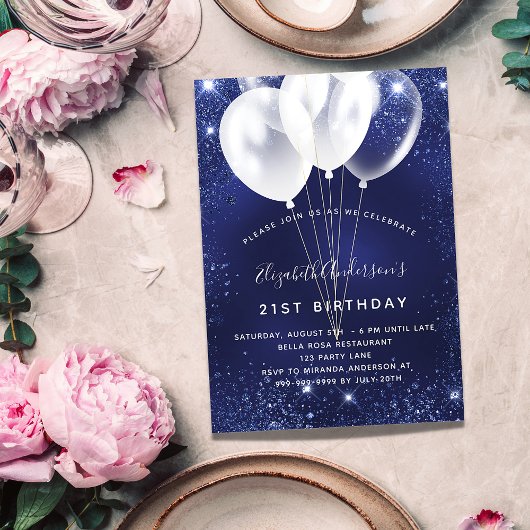 Birthday marineblauw witte glitterballonnen uitnodiging briefkaart
