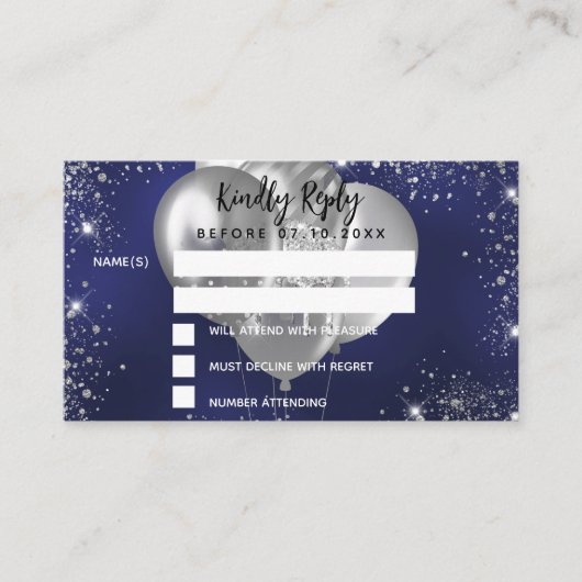 Birthday marineblauw zilverballonnen RSVP Informatiekaartje (Voorkant)