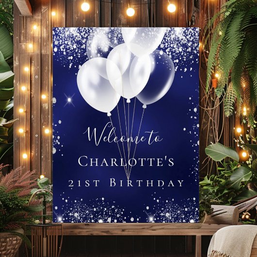 Birthday marineblauw zilveren glitterballonnen wel poster