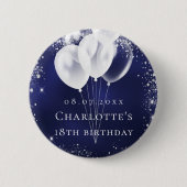 Birthday marineblauw zilverglitter ballonnaamlabel ronde button 5,7 cm (Voorkant)