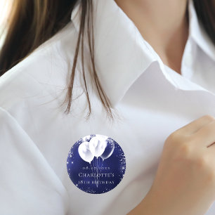 Birthday marineblauw zilverglitter ballonnaamlabel ronde button 5,7 cm