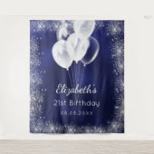 Birthday marineblauw zilverglitter ballonnen naam wandkleed (Voorkant)