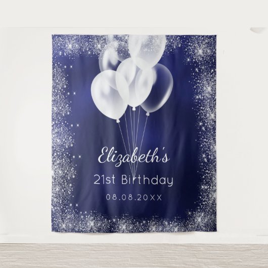 Birthday marineblauw zilverglitter ballonnen naam wandkleed (Voorkant)