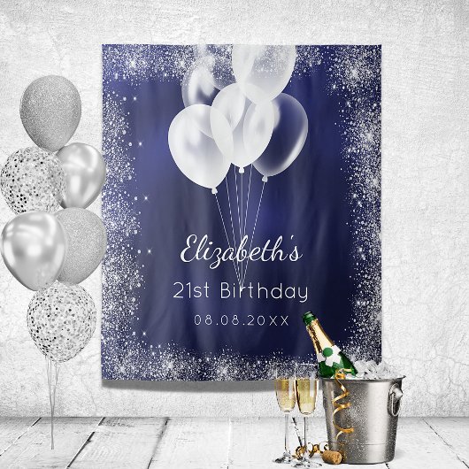Birthday marineblauw zilverglitter ballonnen naam wandkleed