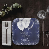 Birthday marineblauw zilverglitter witte ballonnen papieren bordje