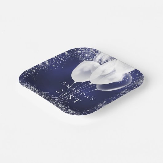 Birthday marineblauw zilverglitter witte ballonnen papieren bordje (Gebogen)