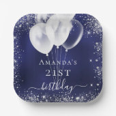 Birthday marineblauw zilverglitter witte ballonnen papieren bordje (Voorkant)