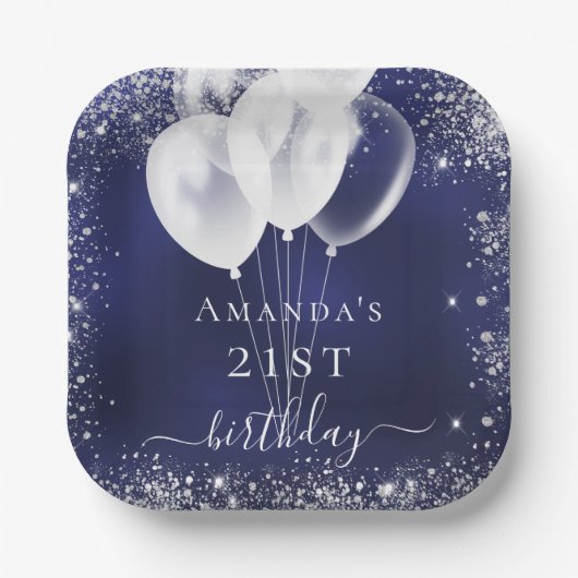 Birthday marineblauw zilverglitter witte ballonnen papieren bordje (Voorkant)