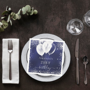 Birthday marineblauw zilverglitter witte ballonnen servet