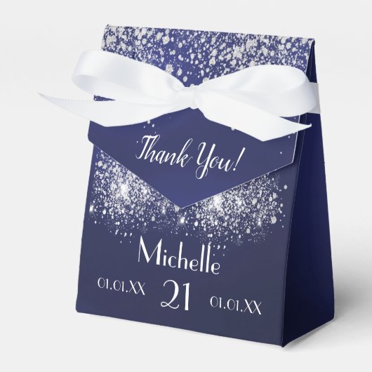 Birthday marineblauw zilverglitter witte monogram bedankdoosjes (Voorkant Zijde)