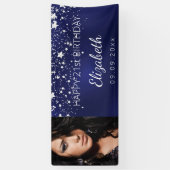 Birthday marineblauw zilversterren spandoek (Verticaal)