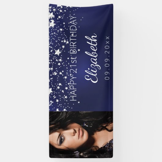 Birthday marineblauw zilversterren spandoek (Verticaal)